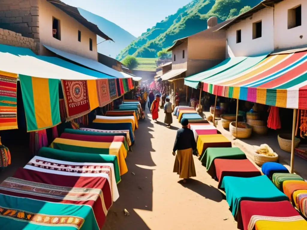 Una foto detallada de un bullicioso mercado en un remoto pueblo, con patrones de moda étnica mundial en vibrantes colores y telas artesanales