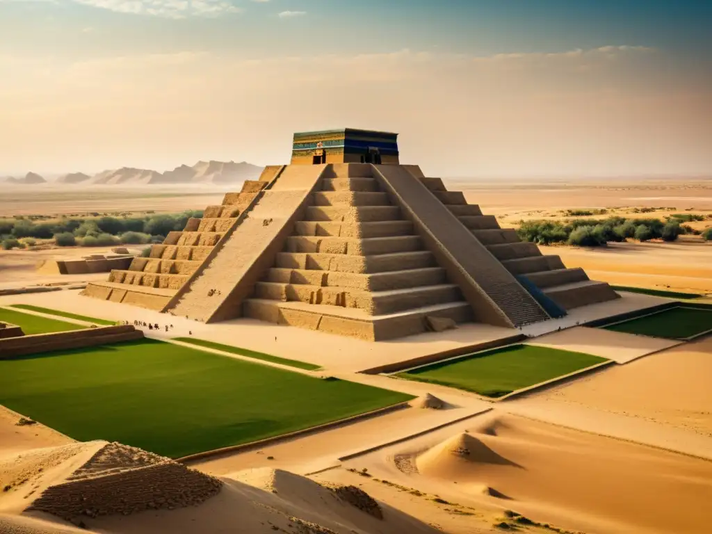 Foto vintage de la antigua ziggurat de Ur en Mesopotamia, destacando los patrones en templos escalonados y su belleza atemporal en el desierto