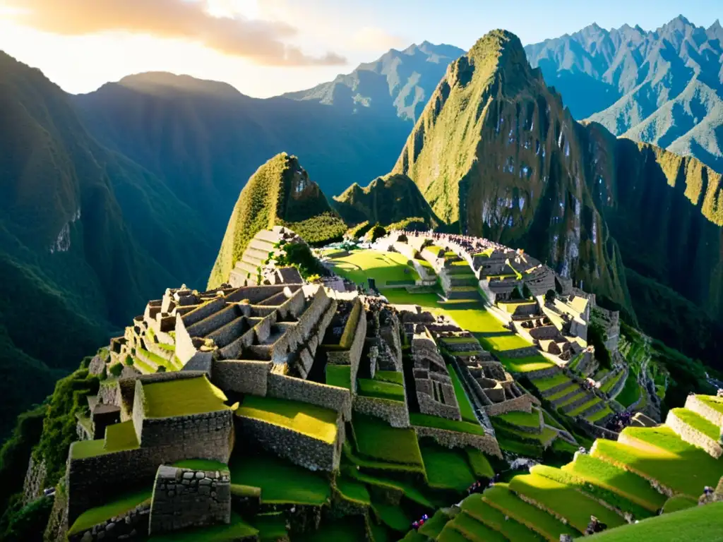 Foto vintage de Machu Picchu al atardecer, con patrones ancestrales y ambiente sereno de montaña