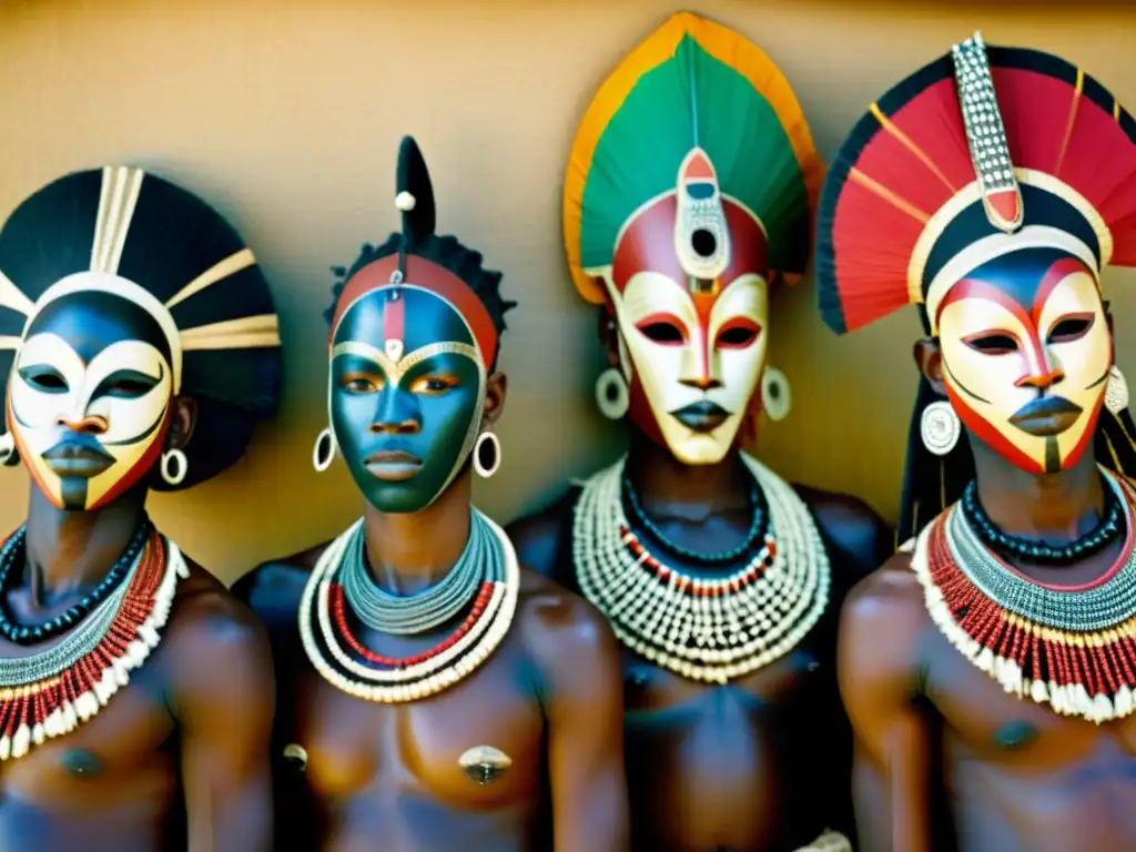 Máscaras tribales africanas: danza ancestral y tradición Una foto vintage de bailarines tribales africanos con máscaras talladas