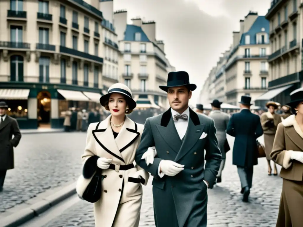 Paris en los años 20: Elegancia y sofisticación Una foto vintage en blanco y negro de una bulliciosa calle parisina en los años 20, con patrones artísticos en moda de alta gama y glamour atemporal