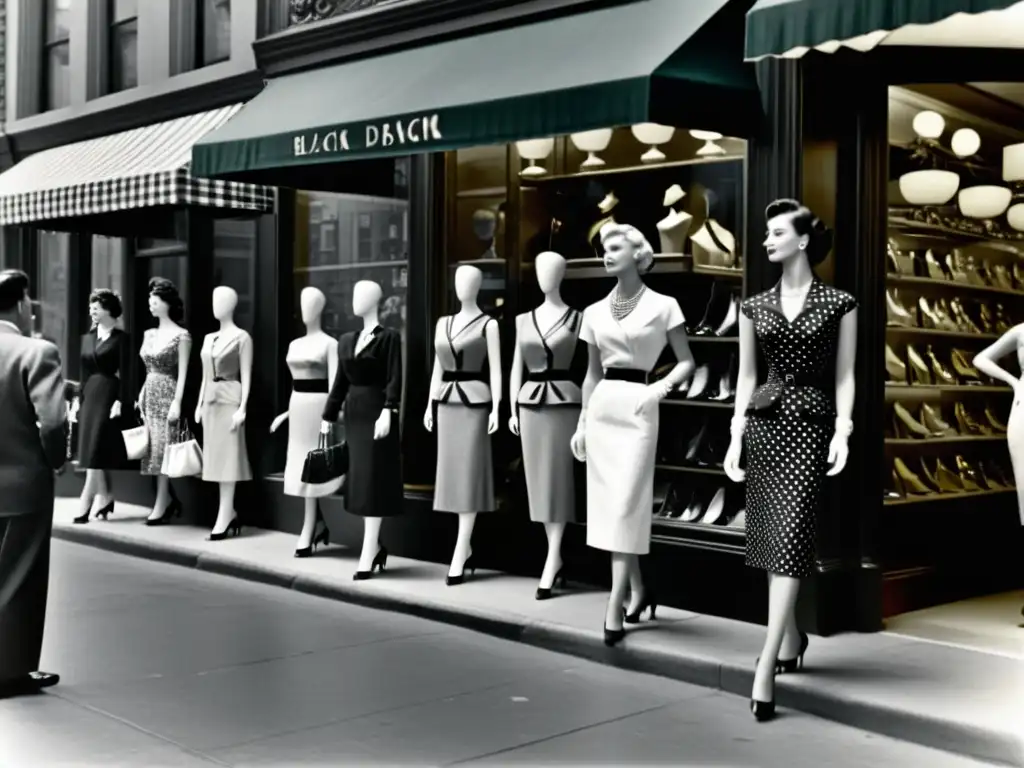 Foto vintage en blanco y negro de un bullicioso distrito de moda de los años 50, con elegantes maniquíes mostrando Patrones de diseño en la moda