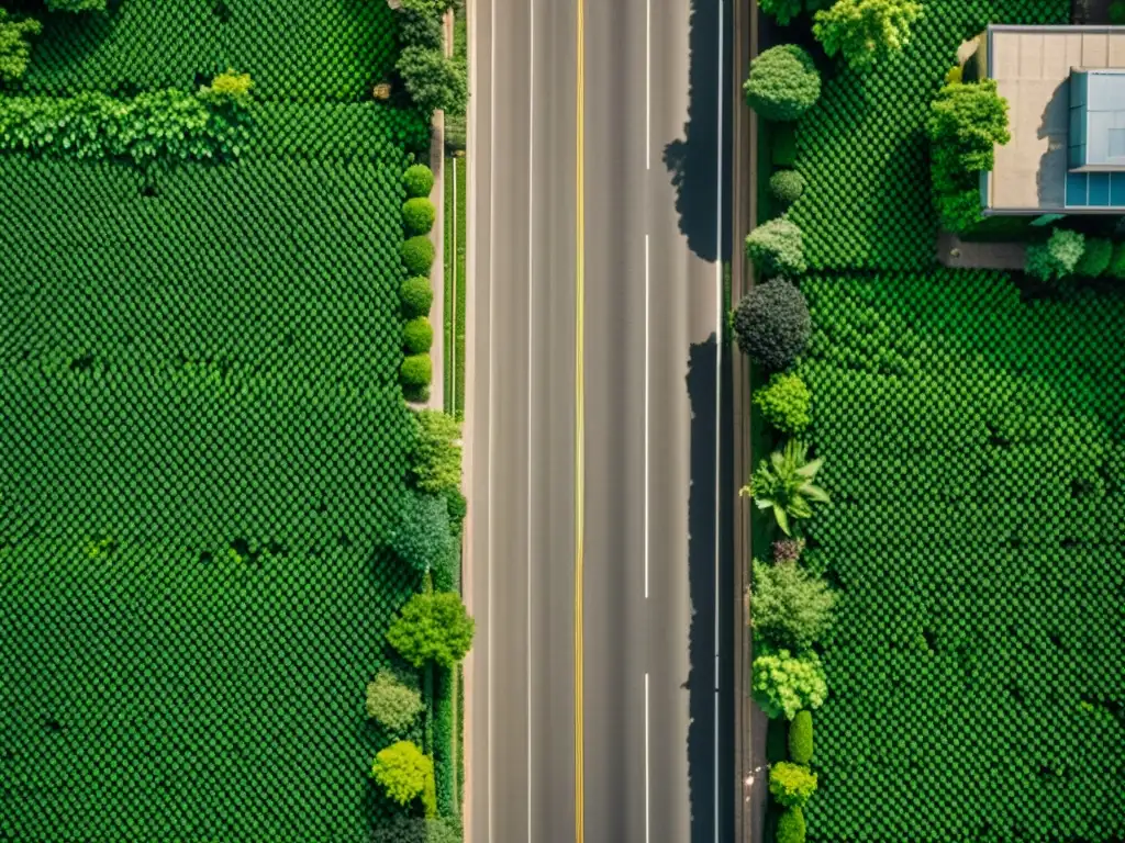 Foto vintage de una bulliciosa calle urbana con verdes espacios bien cuidados, mostrando la armonía entre naturaleza y ciudad