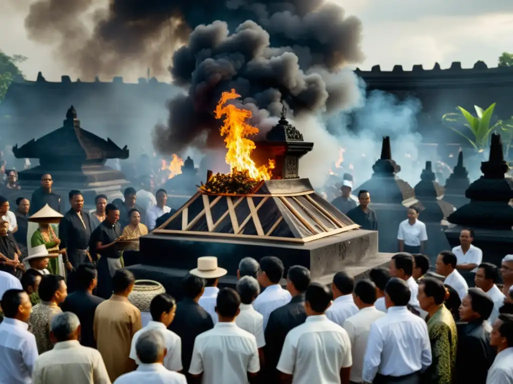 Foto vintage de ceremonia de cremación balinesa, con patrones rituales de nacimiento y muerte en Bali