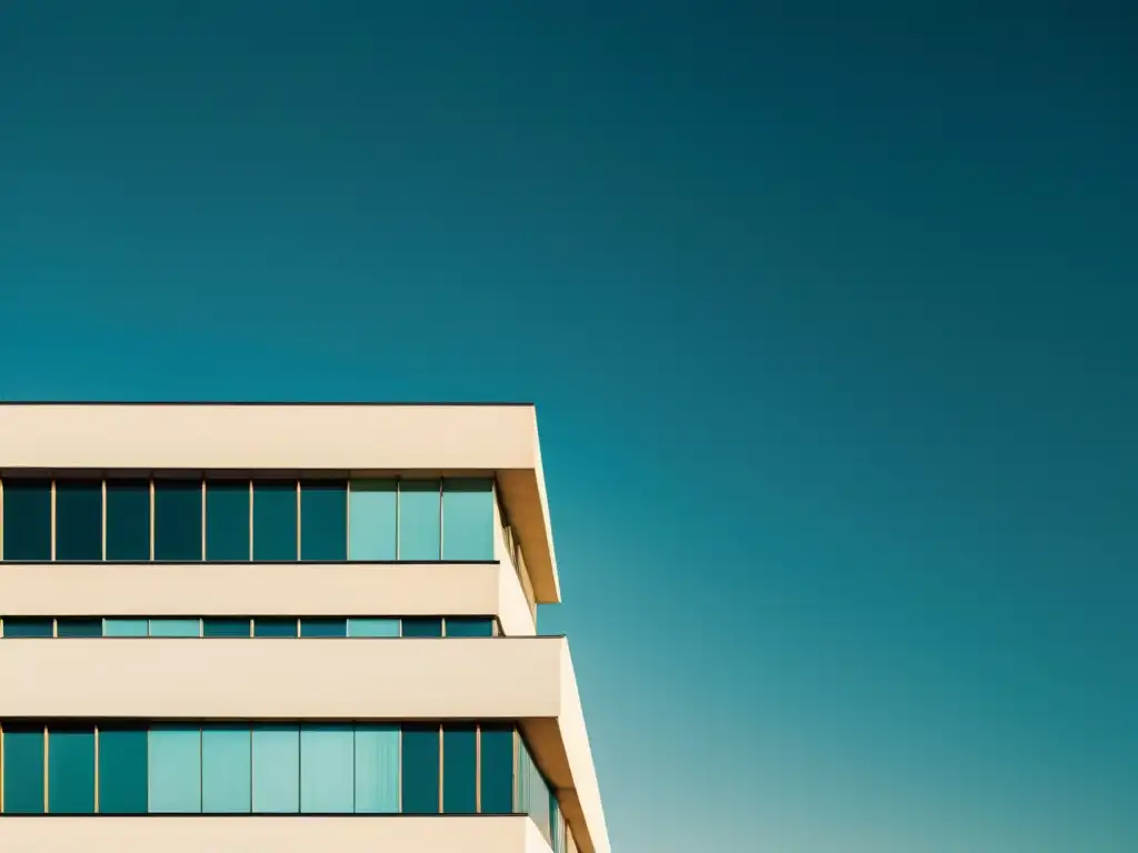 Foto vintage de un edificio de la Bauhaus, resaltando sus patrones geométricos y diseño futurista, con juego de luz y sombra