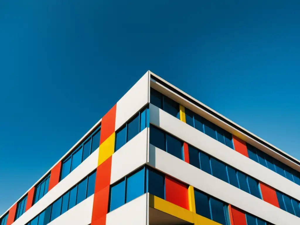 Foto vintage de un edificio Bauhaus con patrones geométricos y colores primarios, destacando su estética modernista y dinámica