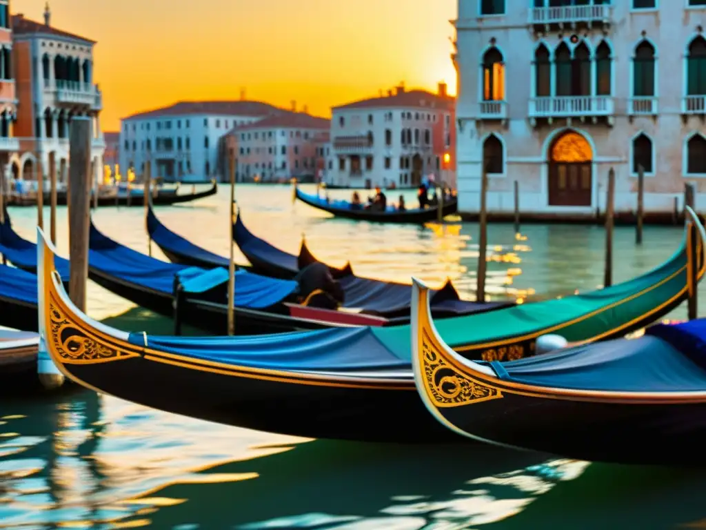 Foto vintage de góndolas decoradas en el Canal Grande al atardecer, reflejando el arte en los botes del Festival de Venecia