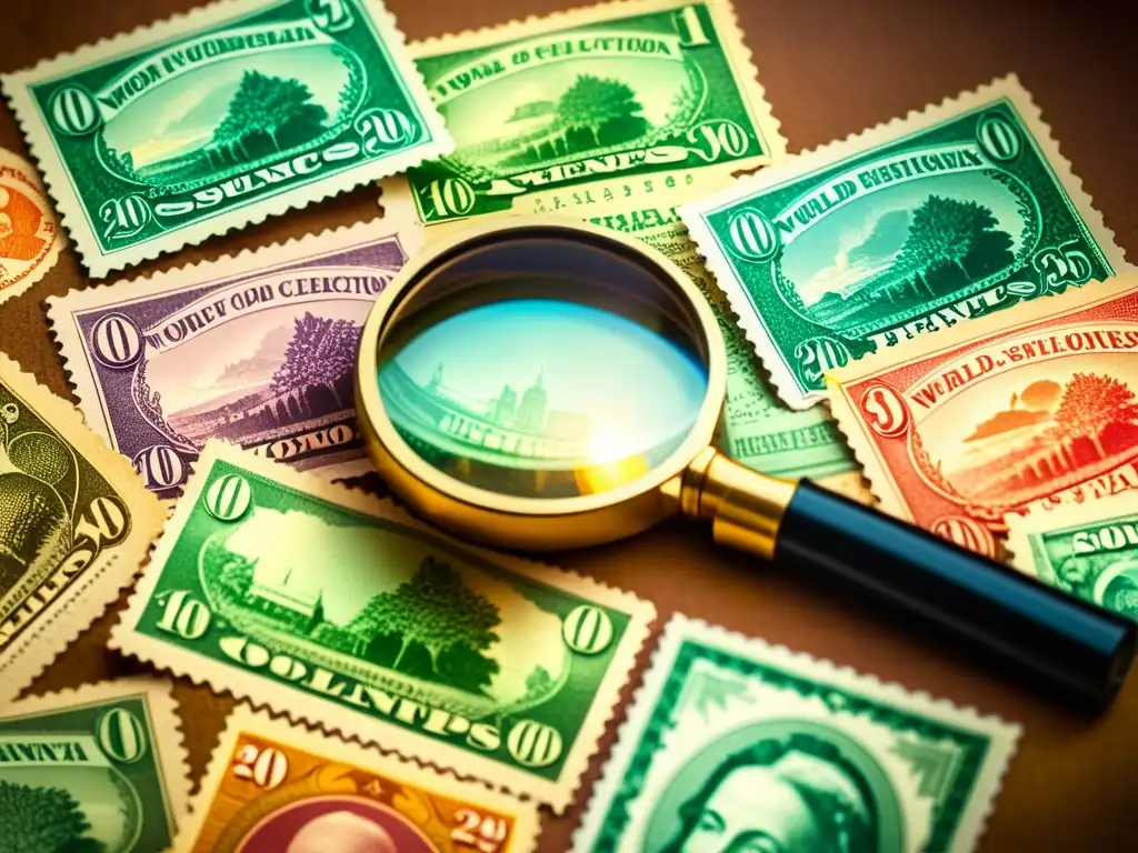 Explorando el mundo a través de sellos y billetes antiguos Una foto vintage de una lupa sobre patrones artísticos en billetes del mundo, iluminada por luz cálida y llena de nostalgia