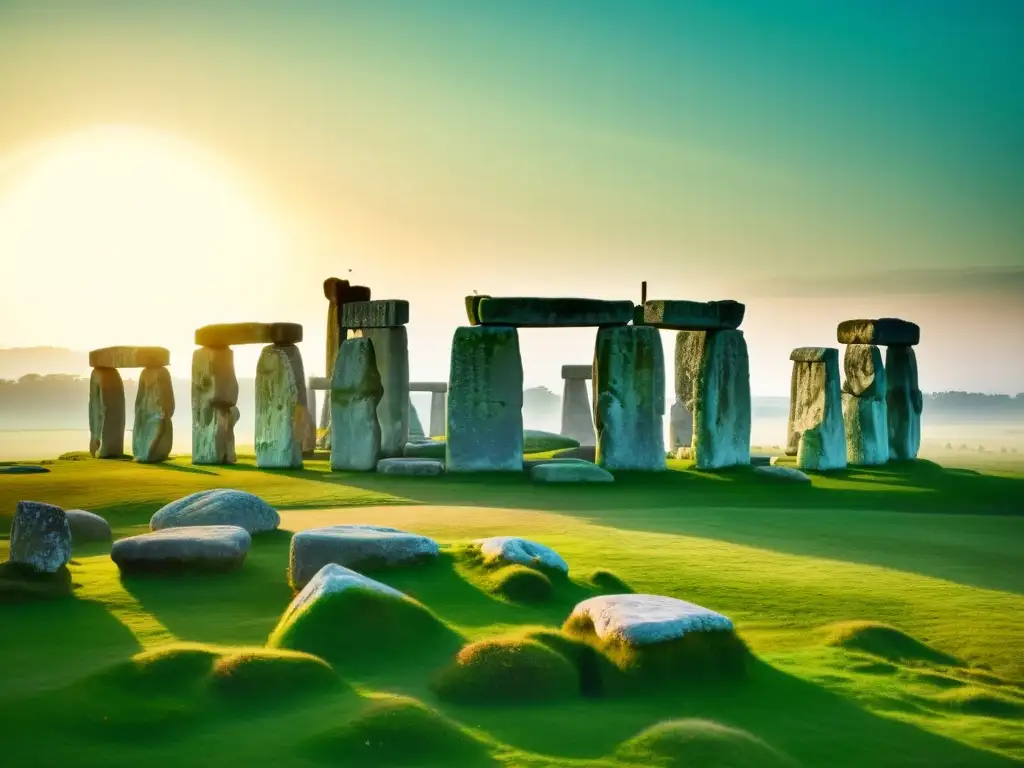 Una foto vintage de Stonehenge al amanecer, con patrones artísticos en monumentos megalíticos, envuelto en misterio y belleza atemporal