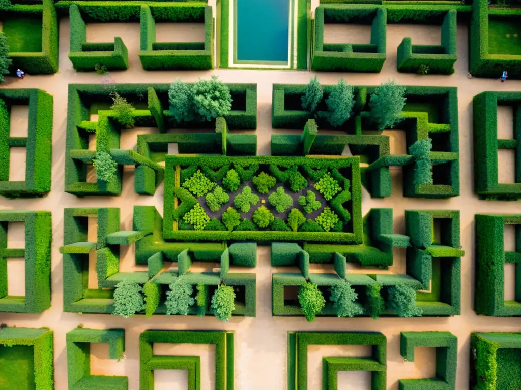 Foto vintage de los patrones geométricos en jardines franceses, evocando elegancia y precisión artística