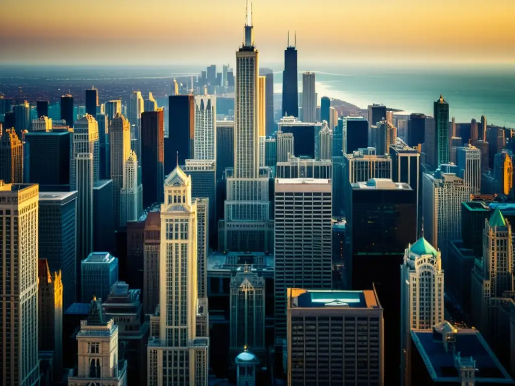 Foto vintage del skyline de Chicago, con patrones arquitectónicos que reflejan su diversidad cultural y rica herencia arquitectónica