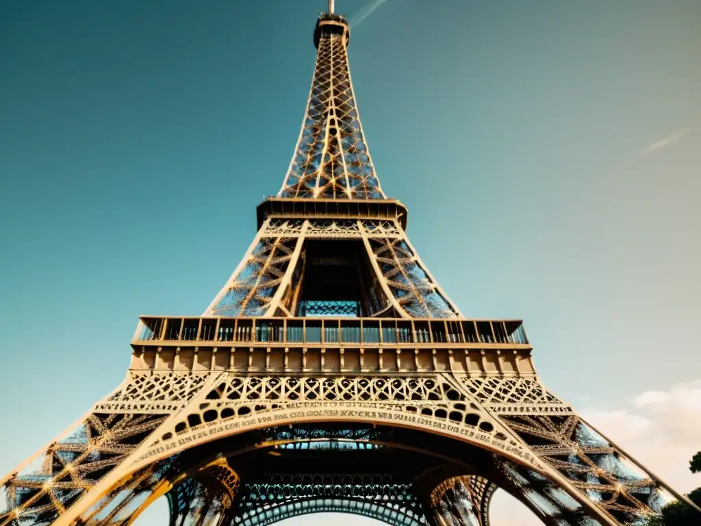 Una foto vintage de la Torre Eiffel en París, resaltando sus patrones estructurales en ingeniería moderna con encanto histórico y elegancia atemporal