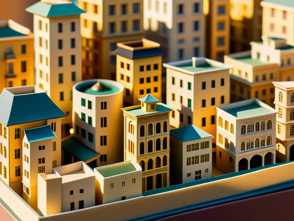 Una fotografía detallada, bañada en luz dorada, de una maqueta de ciudad en miniatura, capturando patrones arquitectónicos minúsculos