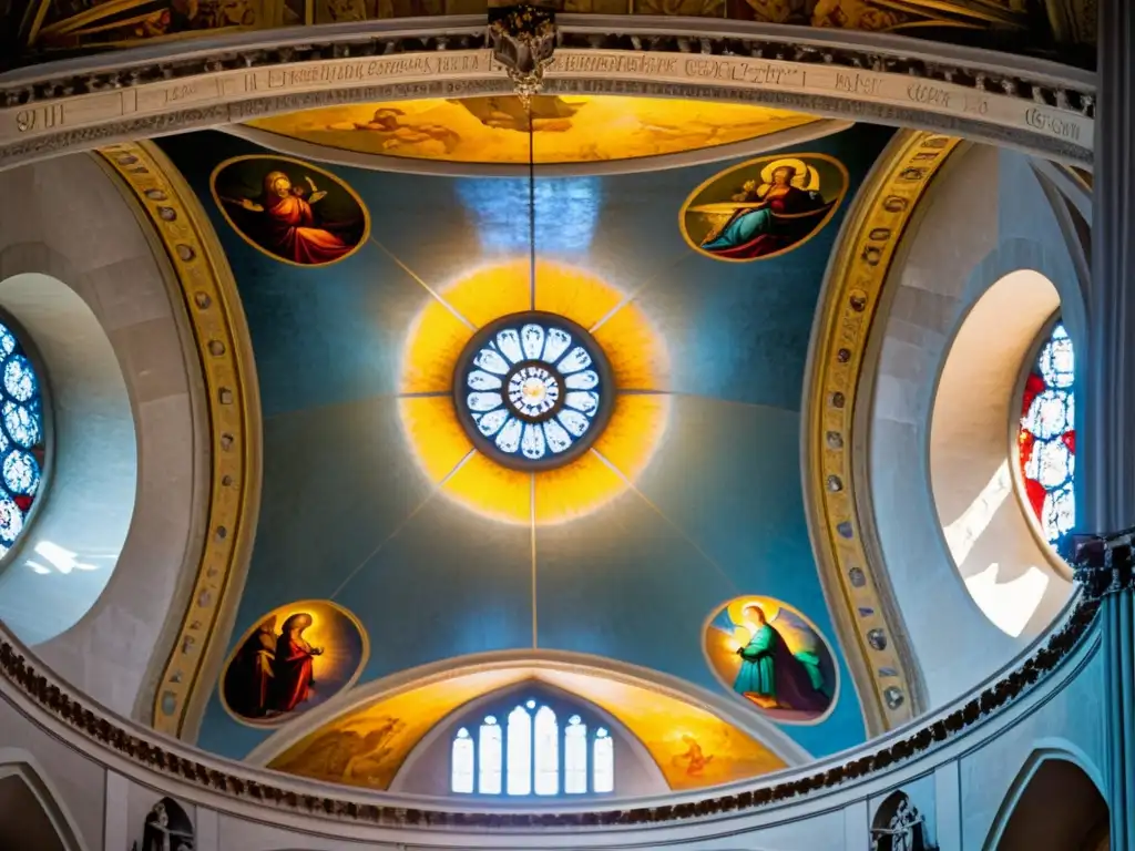 Un fresco renacentista desgastado adorna el techo de una catedral, bañado por la cálida luz del sol