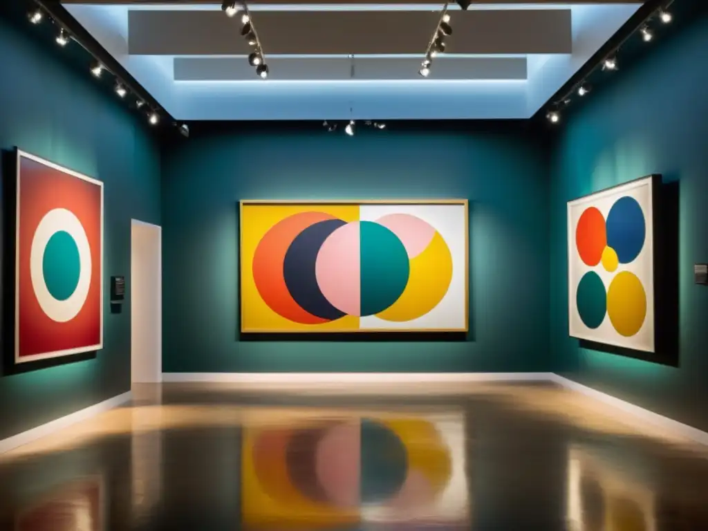 Una fotografía de alta resolución de una galería de arte moderno, con pinturas abstractas de patrones intrincados y coloridos