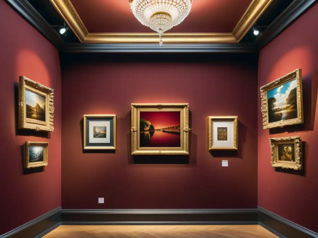 Galas de arte tradicional con elementos de AR Una galería de arte tradicional con toques de realidad aumentada, donde se fusionan lo clásico y lo moderno en una atmósfera nostálgica y sofisticada