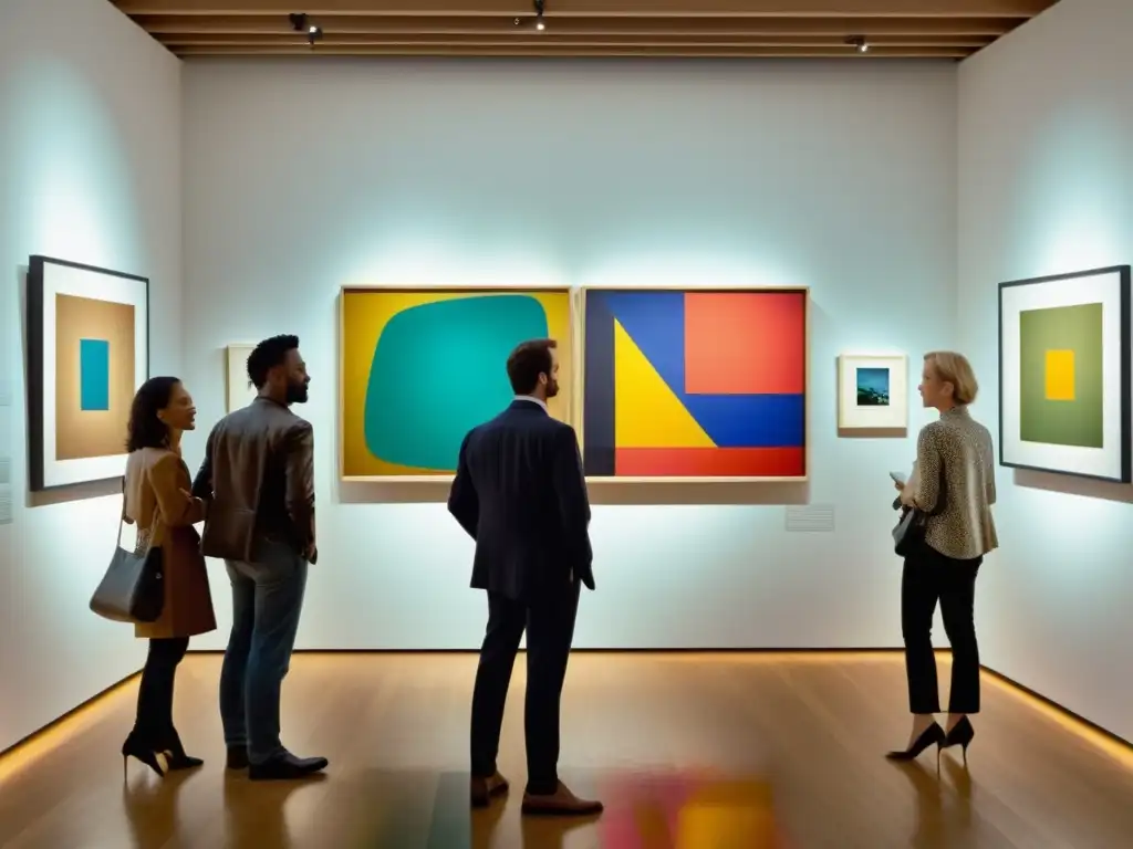 Una galería de arte vibrante llena de personas disfrutando de una colección ecléctica de pinturas abstractas