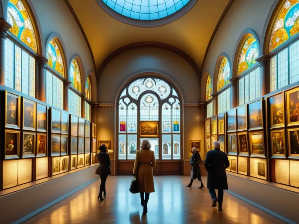 Exquisita galería de arte vintage: 8k Una galería de arte vintage llena de pinturas y esculturas clásicas, bañada en cálido y dorado resplandor