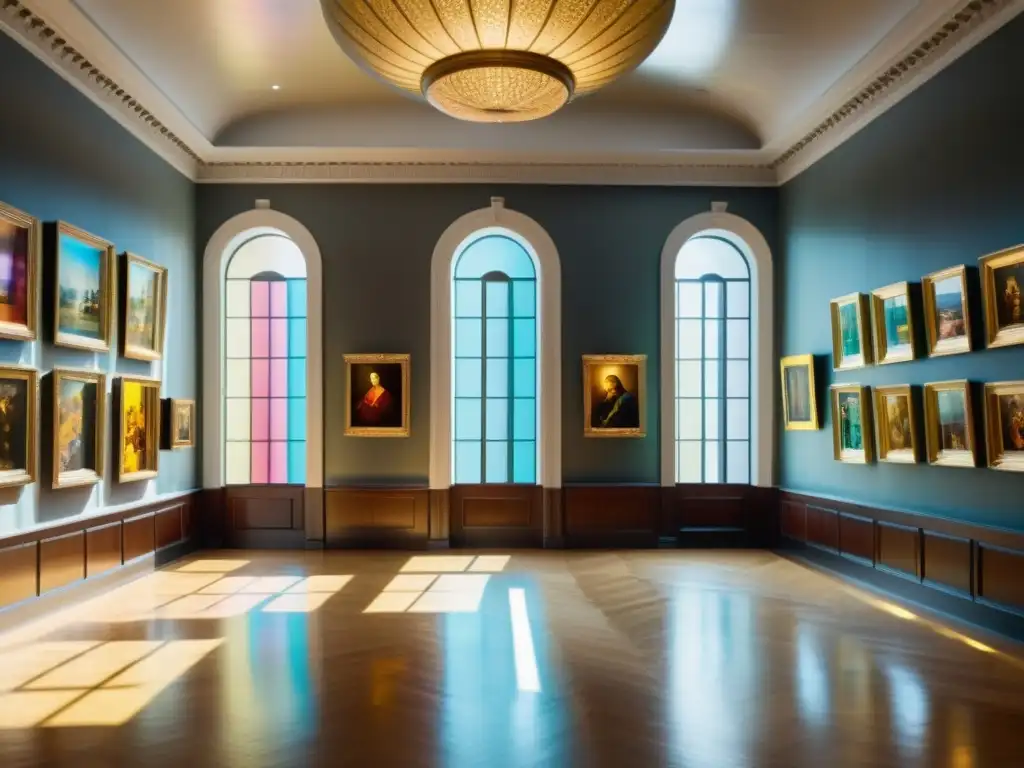 Galería de arte vintage en 8k: sofisticación y arte atemporal Una galería de arte vintage llena de cuadros abstractos y esculturas, con luz solar y sombras dramáticas