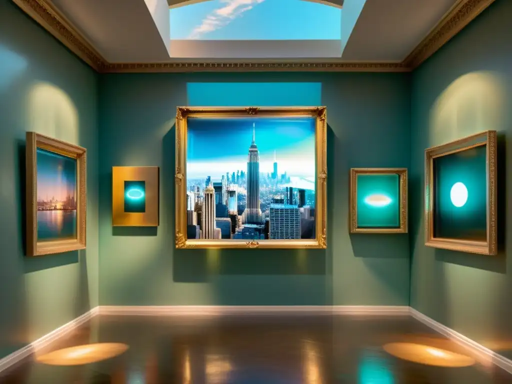 Galaxia de Arte Holográfico: Una Fusión de lo Antiguo y lo Futurista Una galería de arte virtual con obras holográficas en un ambiente vintage, fusionando arte y realidad aumentada