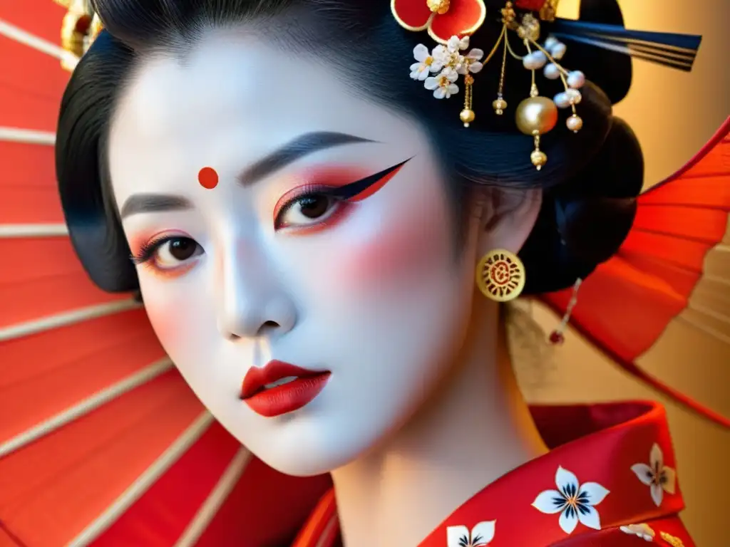 Una geisha japonesa con maquillaje japonés tradicional en belleza, viste un kimono rojo vibrante y tiene una piel de porcelana impecable