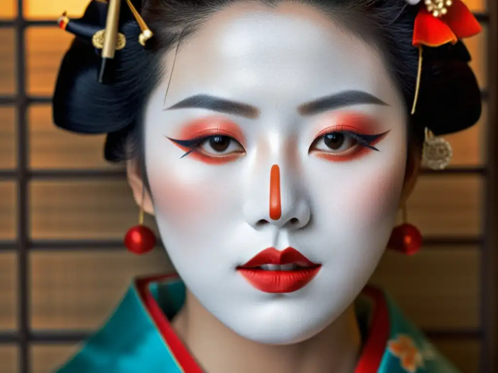 Una geisha aplica maquillaje japonés tradicional en belleza, destacando la elegancia y gracia de la cultura geisha