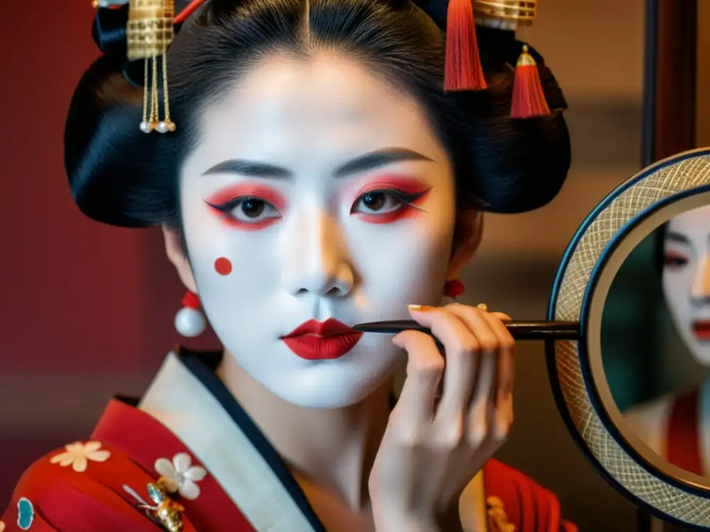 Una geisha aplica maquillaje japonés tradicional en belleza, reflejando elegancia atemporal y delicadeza cultural