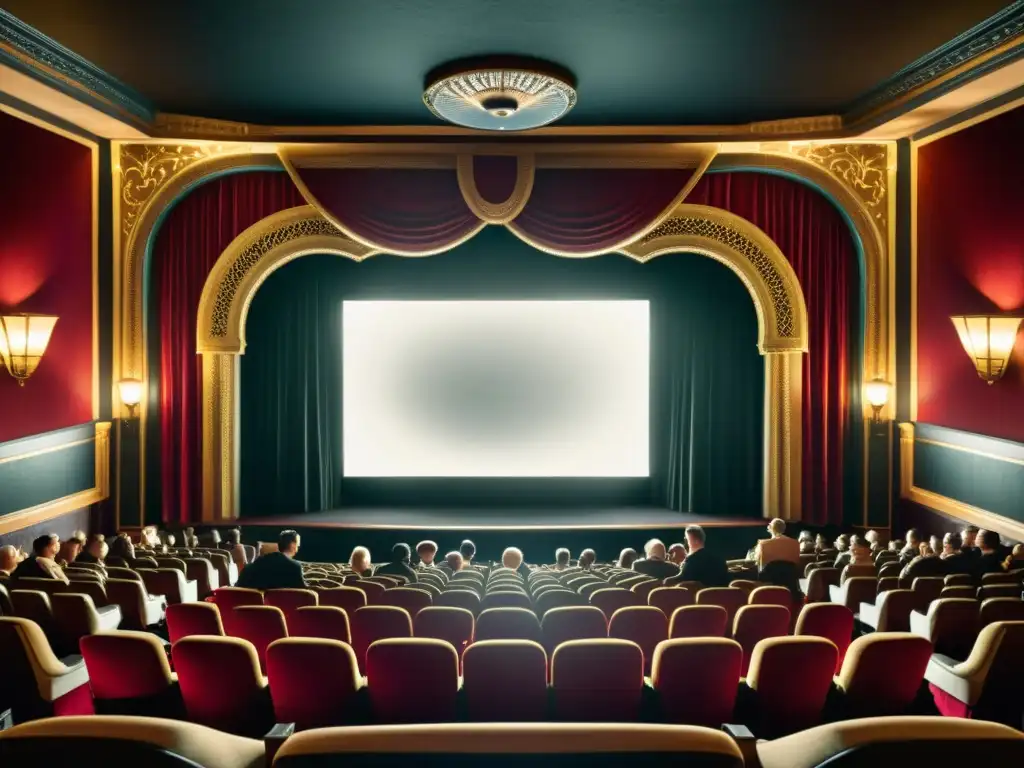 Disfruta del glamour del cine de la década de 1920 con la proyección de una película en blanco y negro en un teatro lujosamente decorado