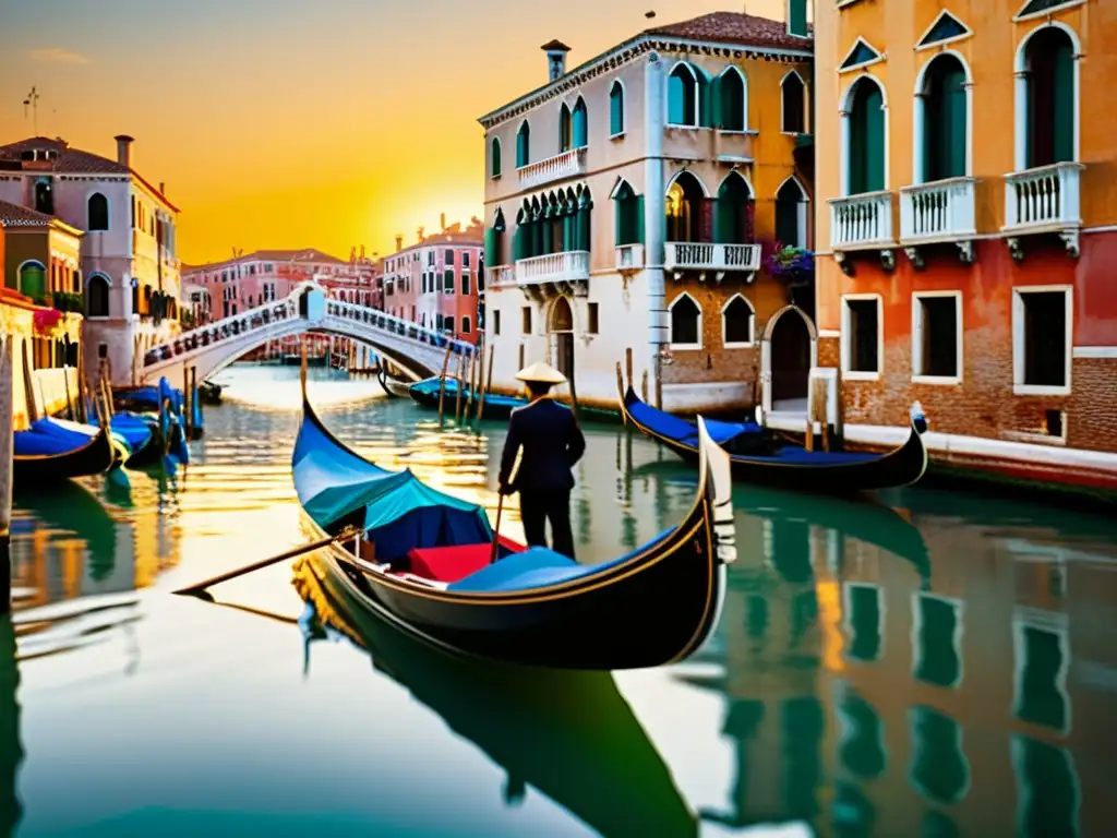 Una góndola veneciana flota en un canal, resaltando los patrones y diseños culturales de Venecia en una escena cálida al atardecer