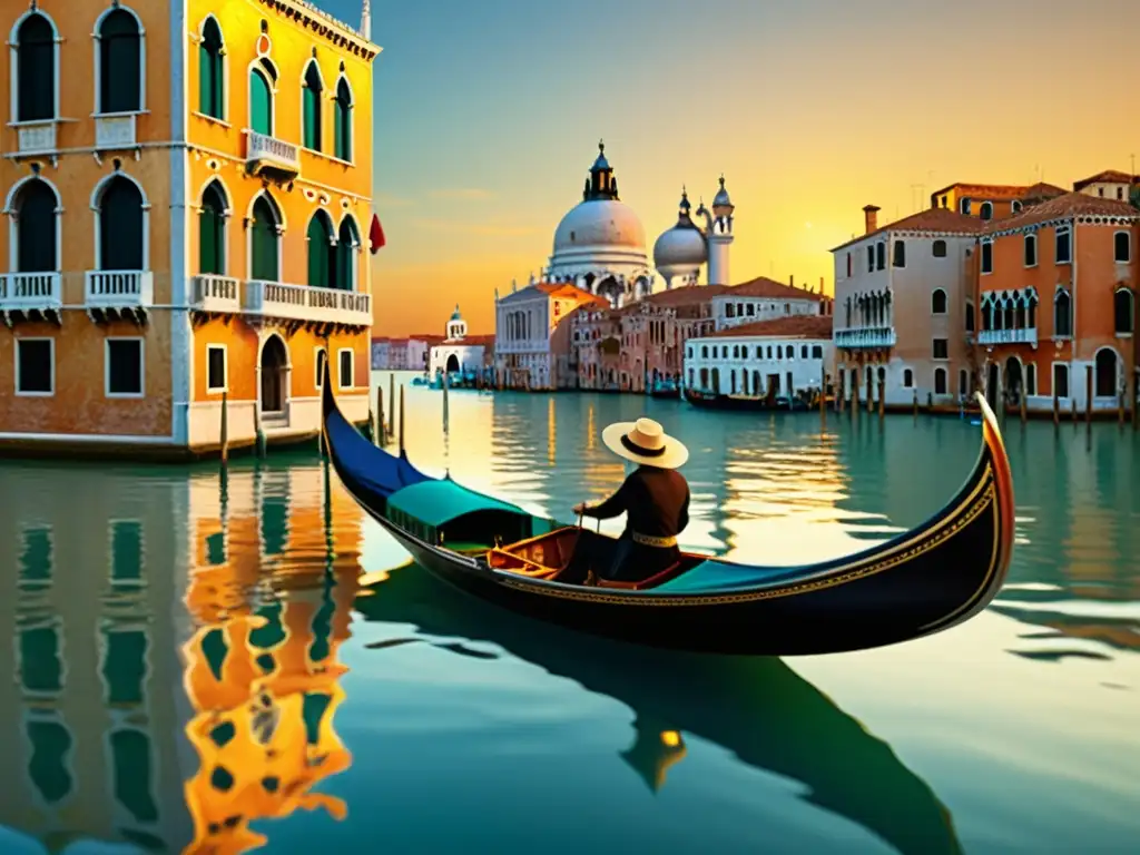 Una góndola veneciana vintage deslizándose por las serenas aguas de los canales al atardecer, reflejando el arte en los botes del Festival de Venecia