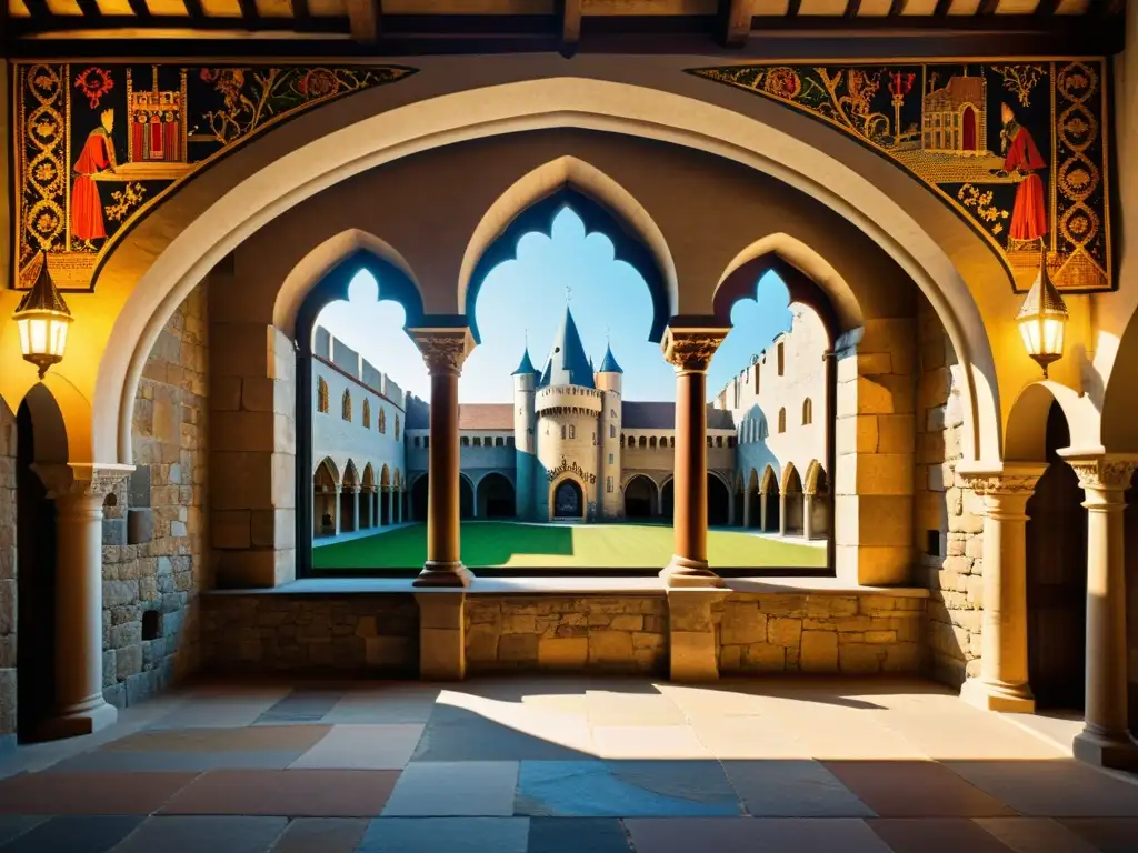 Courtyard gótico con tapiz medieval detallado, historia de los tapices góticos, luz cálida y atmósfera de grandeza