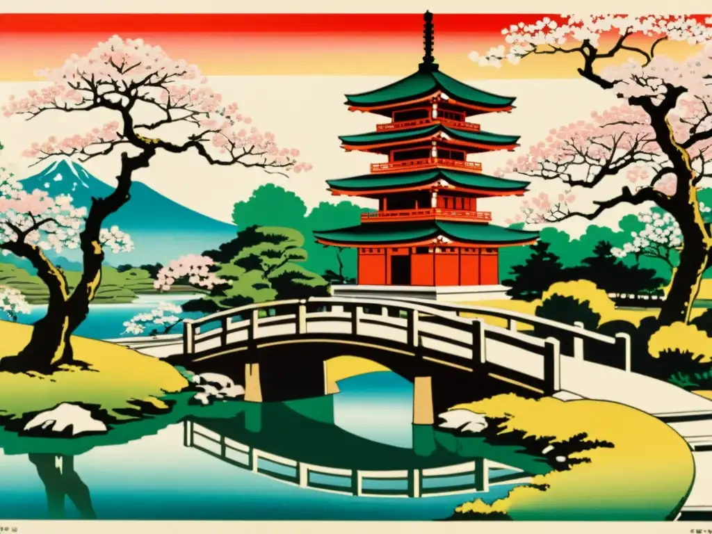 Grabado japonés vintage con jardín sereno, árboles de cerezo y pagoda