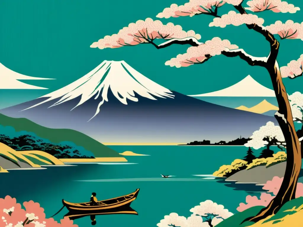 Un grabado en madera Ukiyoe detalla un paisaje sereno con cerezos en flor, un río sinuoso y el monte Fuji nevado