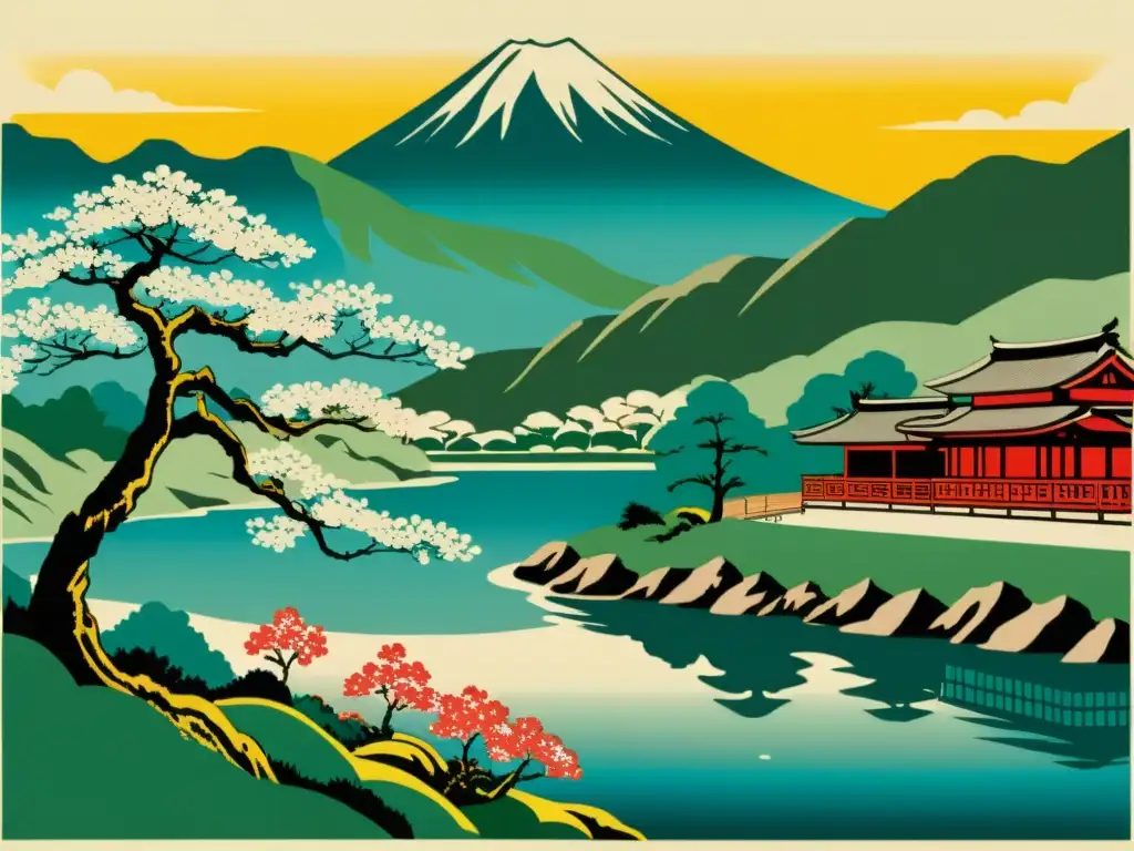 Paisaje japonés tradicional: impresión en madera Grabado en madera vintage de paisaje japonés tradicional con cerezos en flor, río sereno y majestuosas montañas