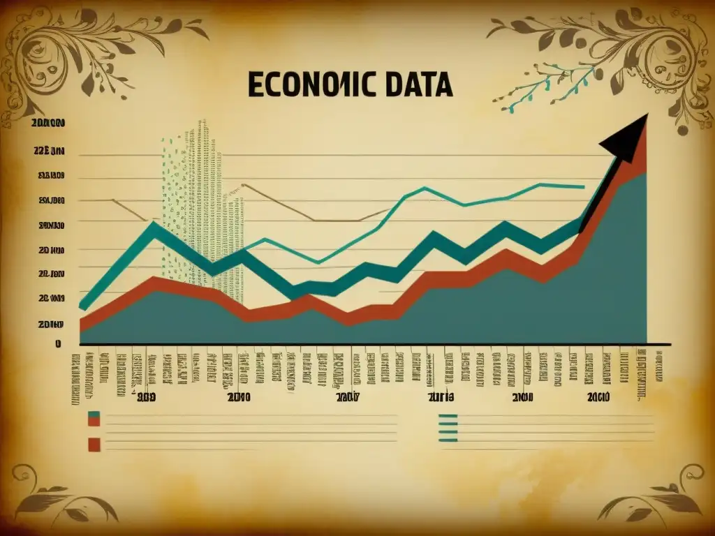 Un gráfico de líneas vintage muestra datos económicos con patrones visuales ornamentados en un fondo de pergamino envejecido