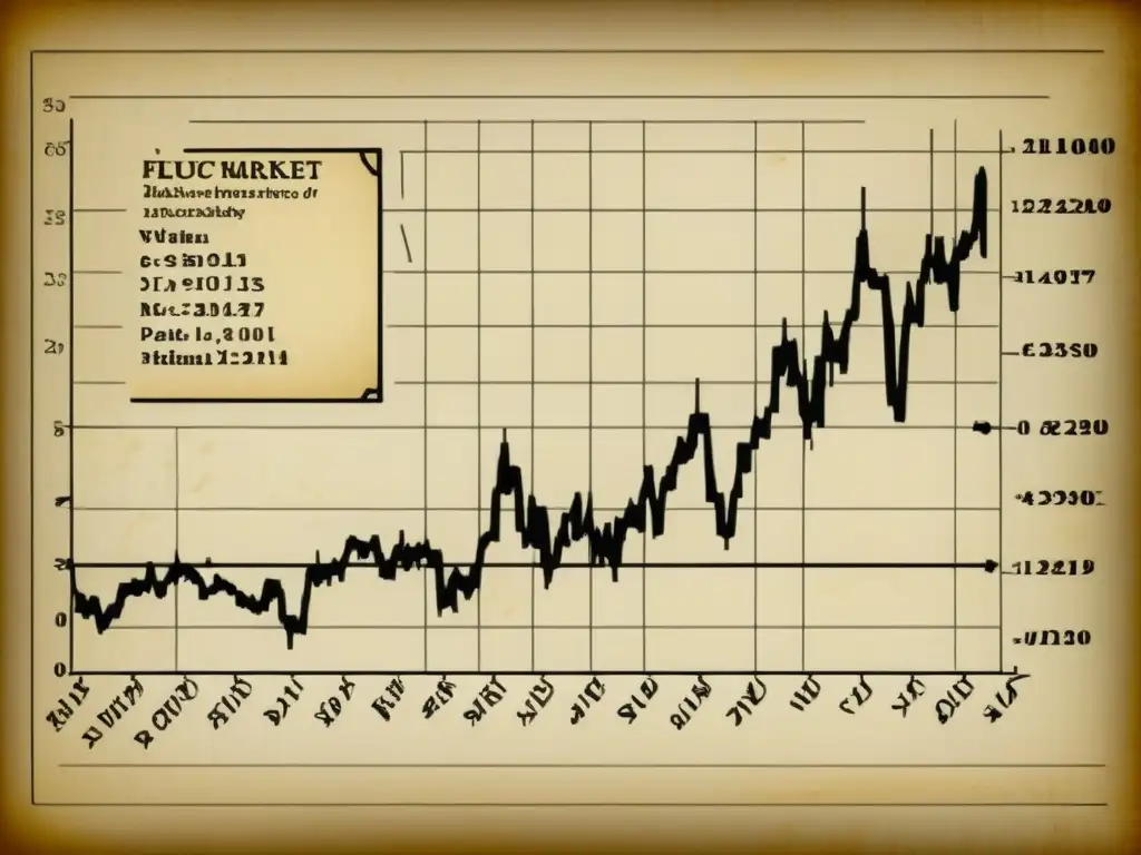 Un gráfico vintage muestra patrones visuales en datos económicos a lo largo de un siglo, en un papel pergamino envejecido