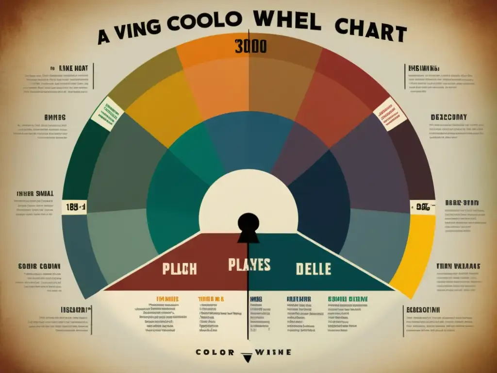 Un gráfico vintage de la rueda de colores con tonos cálidos y ricos, ilustrando la influencia de patrones y colores en las emociones y decisiones