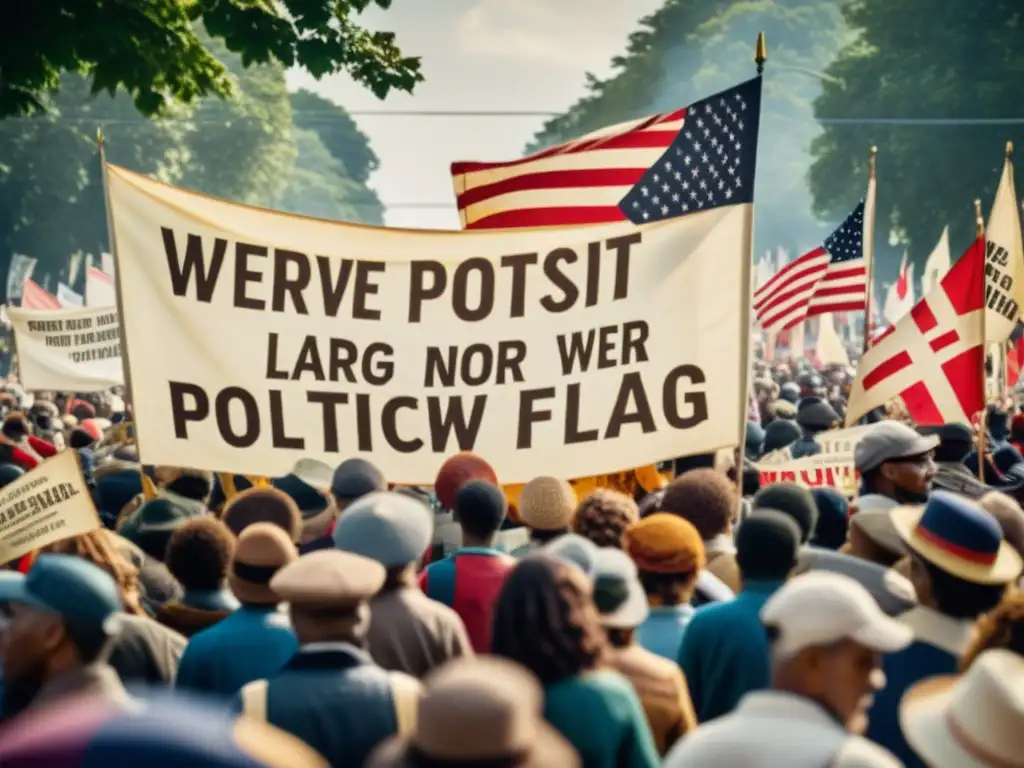 Una fotografía vintage de una gran marcha protesta con textiles como herramienta de protesta, evocando unidad y determinación histórica