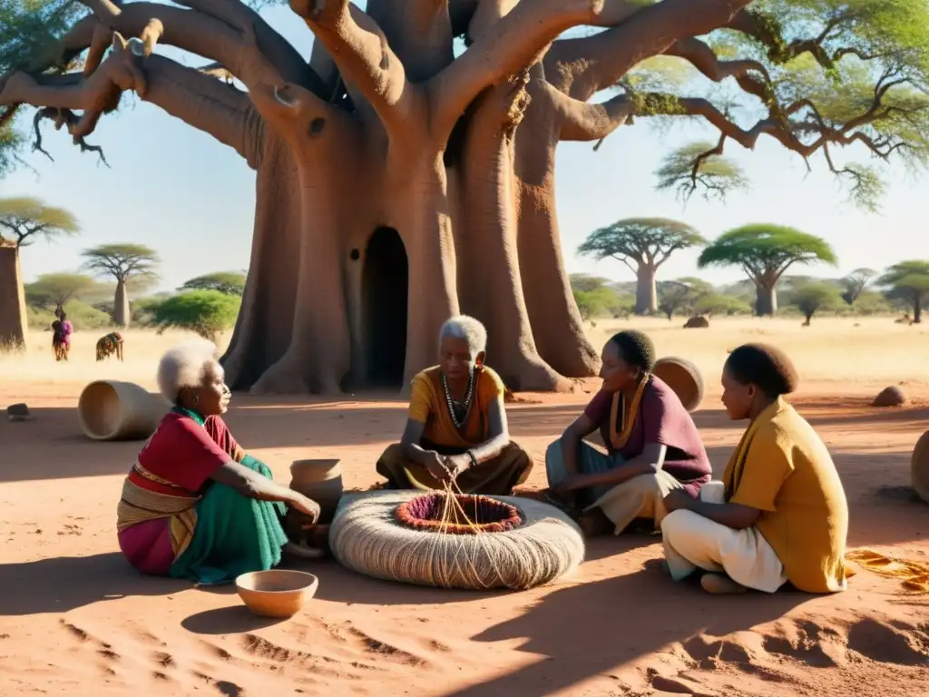 Grandes maestros tejedores de África crean patrones en telares bajo un baobab centenario, rodeados de vibrantes hilos teñidos