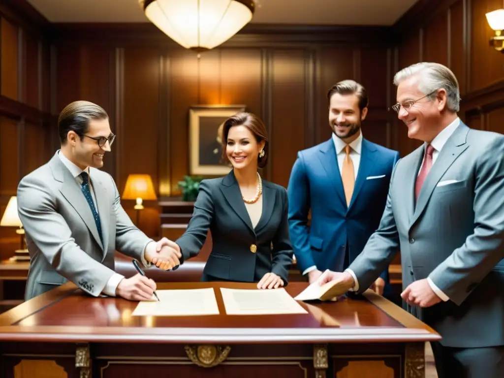 Grupo de abogados y empresarios firmando contratos en una lujosa oficina de madera, evocando profesionalismo y confianza