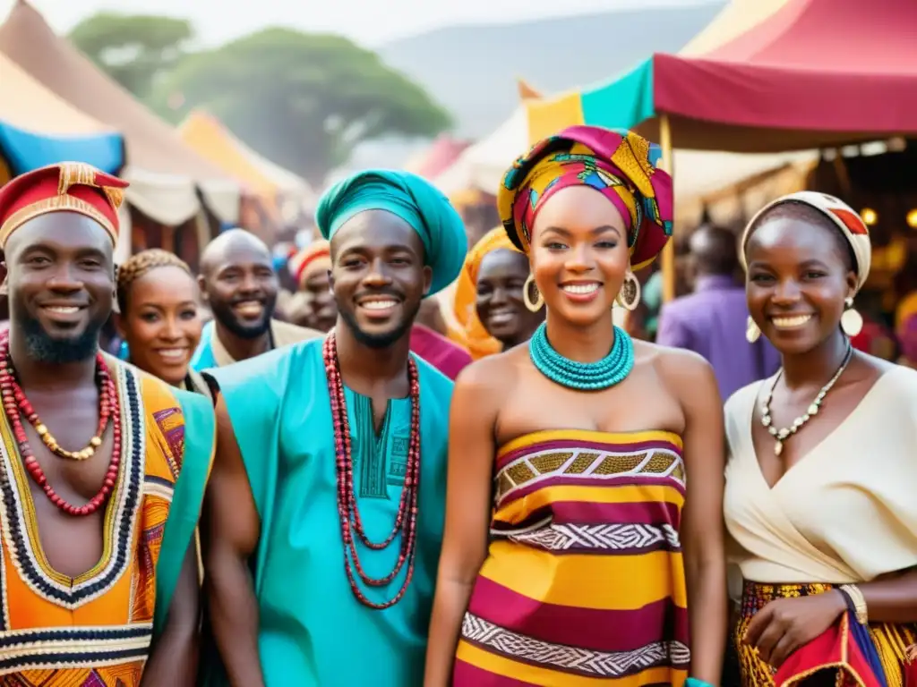 Colorida celebración africana en el mercado Grupo africano celebra con patrones tradicionales indumentaria africana en animado mercado