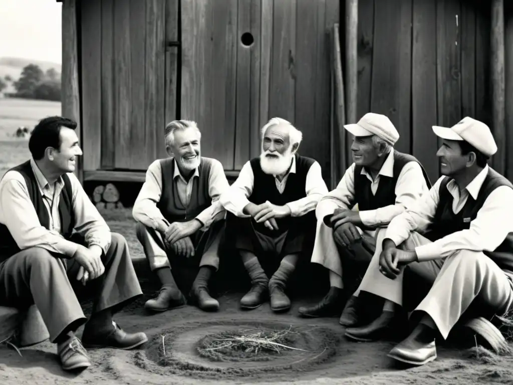 Grupo de ancianos agricultores en profunda conversación en una granja rural, preservando patrones lingüísticos en zonas rurales