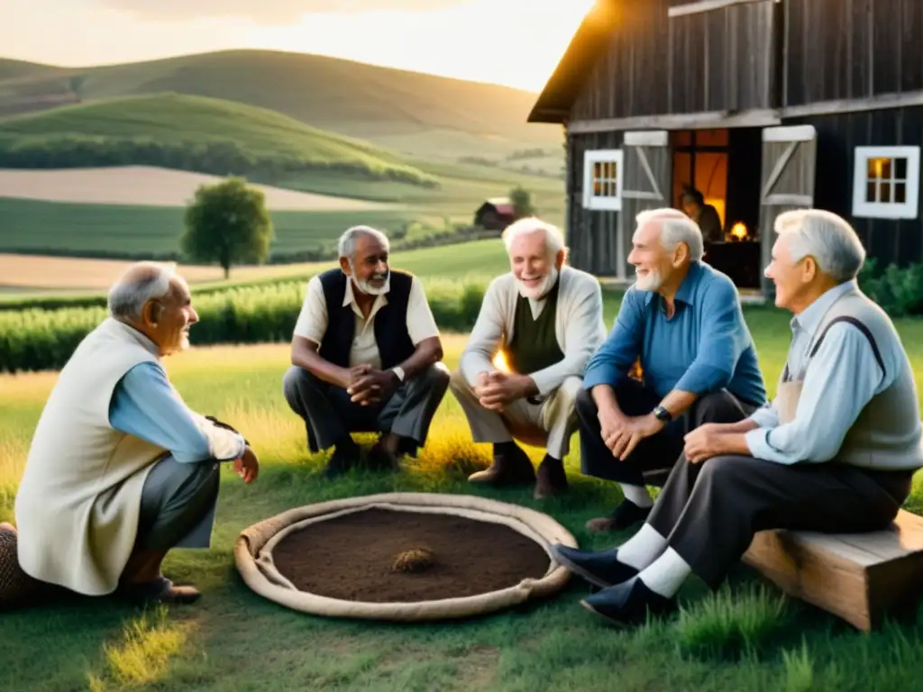 Grupo de ancianos conversando animadamente en círculo frente a una granja rústica al atardecer