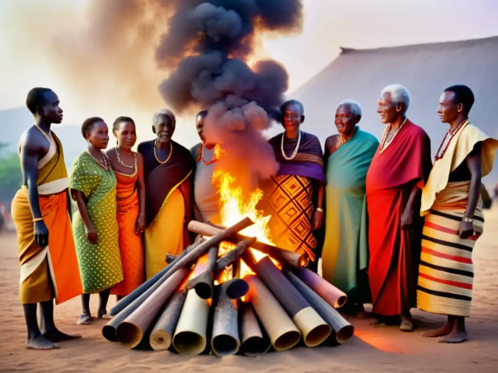 Grupo de ancianos y novatos africanos bailando alrededor del fuego con textiles tradicionales