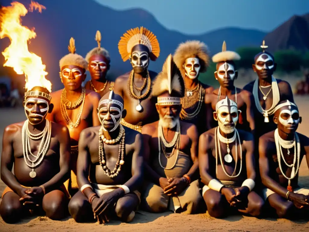 Un grupo de ancianos tribales africanos danza alrededor de una fogata, llevando máscaras talladas