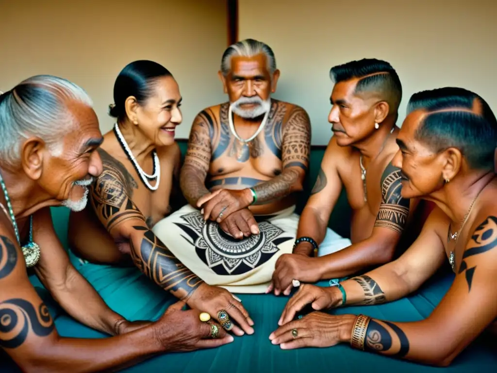 Maestros tribales polinesios: tatuajes ancestrales Un grupo de ancianos tribales polinesios con tatuajes detallados que cuentan historias