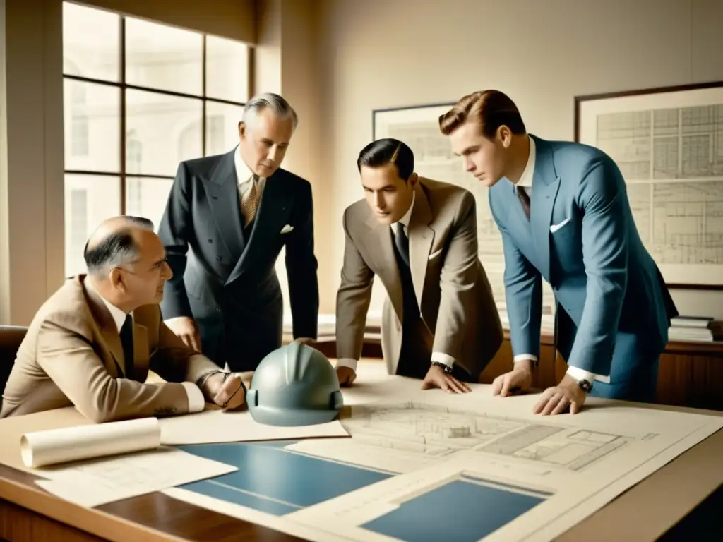 Arquitectos visionarios del siglo XX: Elegancia y creatividad atemporal Un grupo de arquitectos de mediados del siglo XX, vistiendo trajes elegantes, rodeados de planos y modelos arquitectónicos