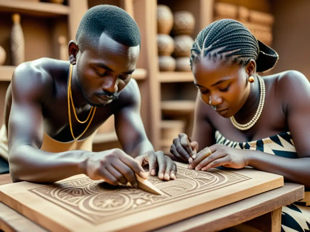 Un grupo de artesanos africanos tallando con cuidado patrones tribales en bloques de madera