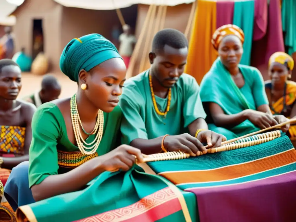 Un grupo de artesanos africanos teje patrones artísticos de África en telas vibrantes en un bullicioso mercado