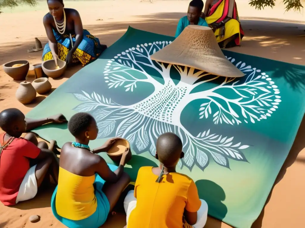 Un grupo de artesanos africanos pinta patrones tribales bajo baobabs centenarios, creando arte con pasión y tradición